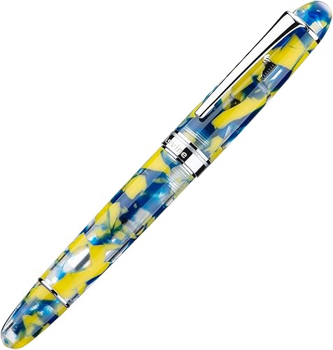 Miniatura 4 de Asvine P50 - Pluma estilográfica de pistón de resina de mármol amarillo, punta extra fina con borde plateado, colección de escritor suave con