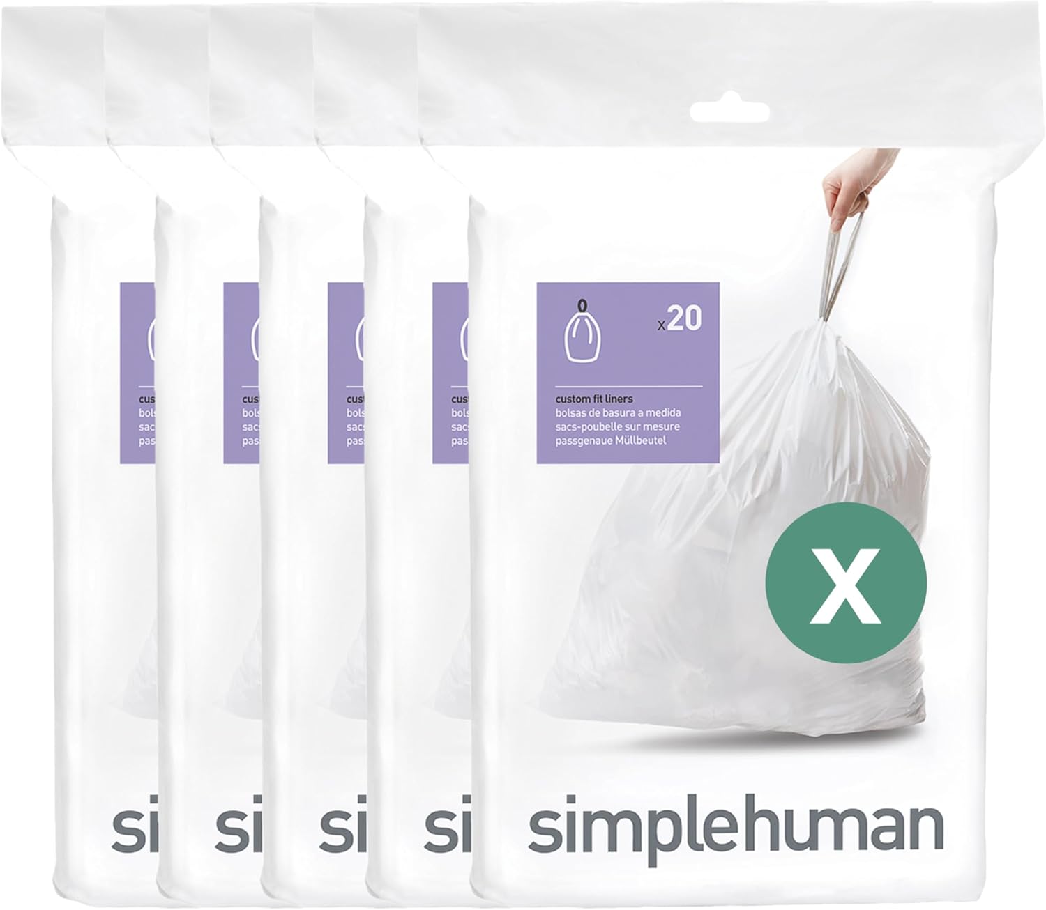 simplehuman Code X 100 Count, Dispenser Pack Custom Fit Liners, Drawstring Trash Bags, 80 Liter / 21.1 Gallon, White