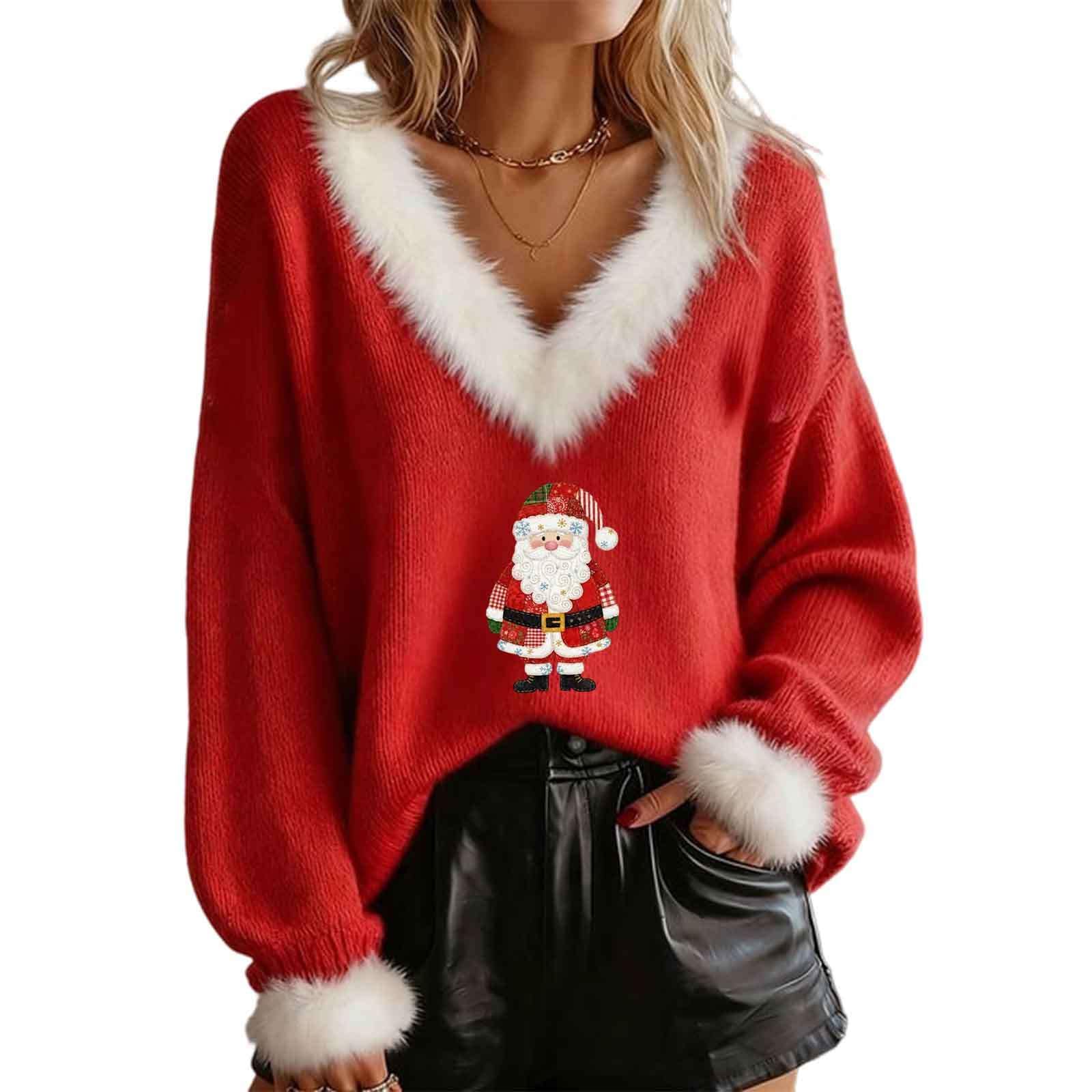 GDSAFS Christmas Sweater Dress Women Fur Trim Sweater V Neck Holiday Attire Couples Holiday Fall Winter Festive Pullover