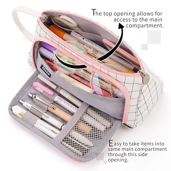 Image of OSDUE Large Capacity Pencil Case, Grid Pattern Canvas Pen Pouch with Handle, Cute Aesthetic Multi-Compartment Organizer for Pens, Makeup Brushes, School & Office Supplies