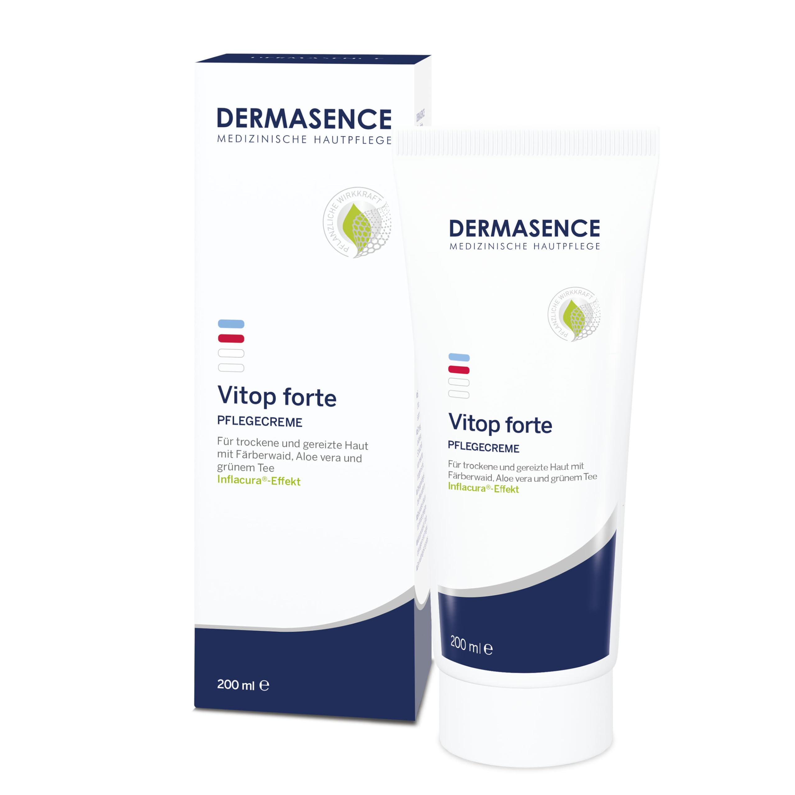 DERMASENCE Vitop forte Pflegecreme, 200 ml - Hautschützende Basispflege bei trockener und zu Neurodermitis neigende Haut - Entzündungen vorbeugend - mit Wirkkomplex aus Färberwaid und Aloe Vera