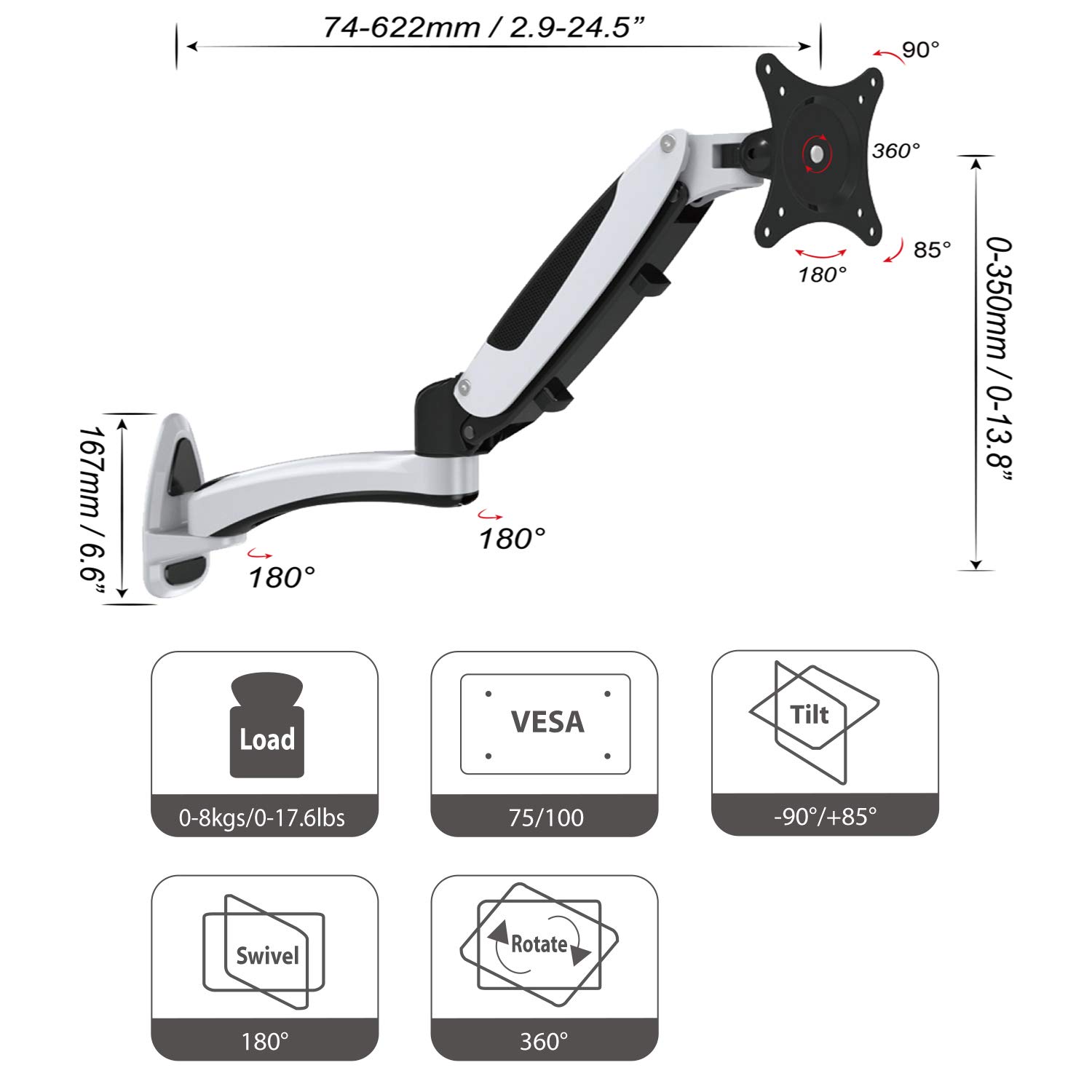 Supporto a parete per TV HFTEK Monitor Staffa a parete con molla a gas 0-8 kg - HF19DW