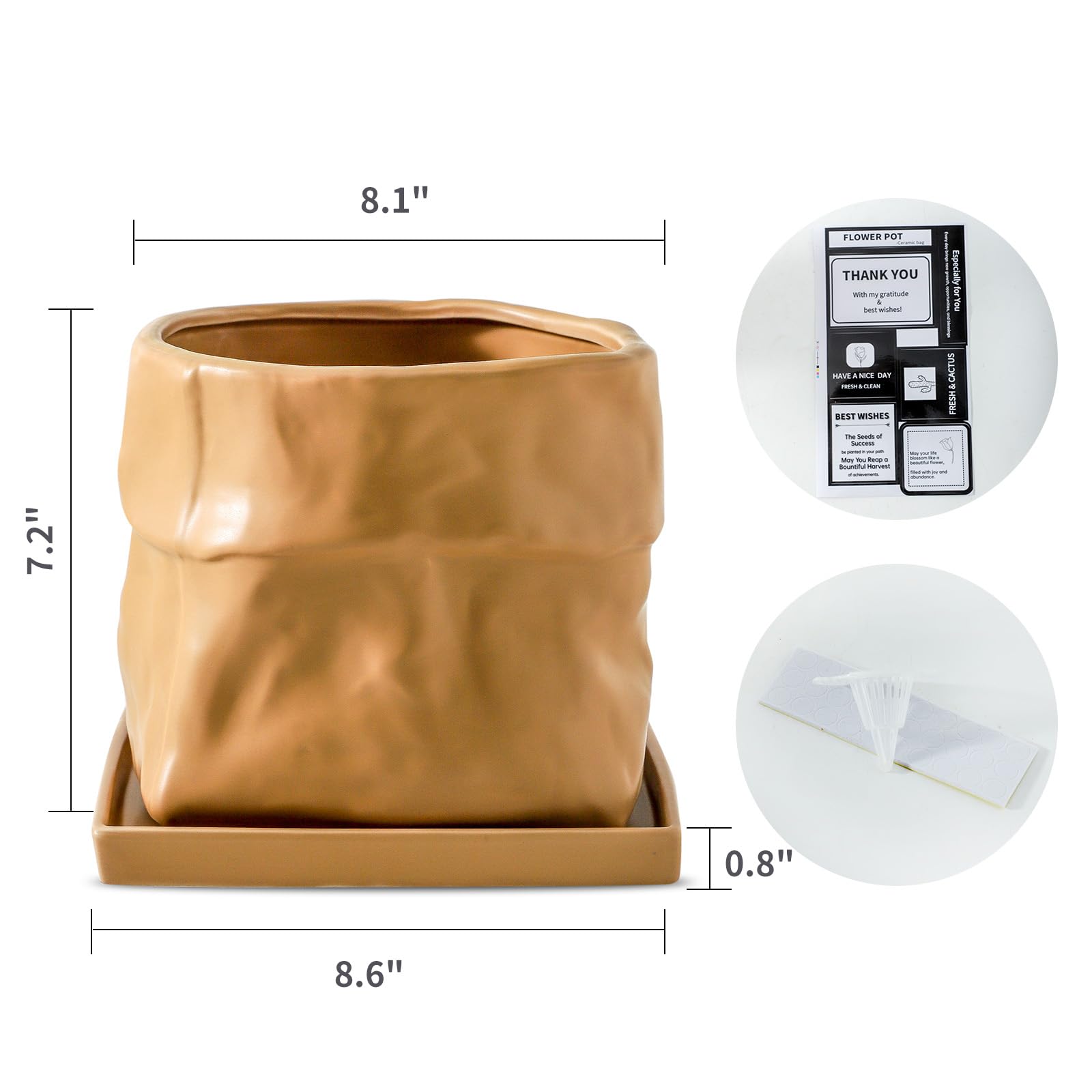 Nihow Keramik-Blumentopf: 20,3 cm Übertopf mit Drainageloch & quadratischer Untersetzer für Kräuter/Pflanzen, Taschenform-Design, Blumentopf für Innen- und Außenbereich, Gartendekoration, Terrakota