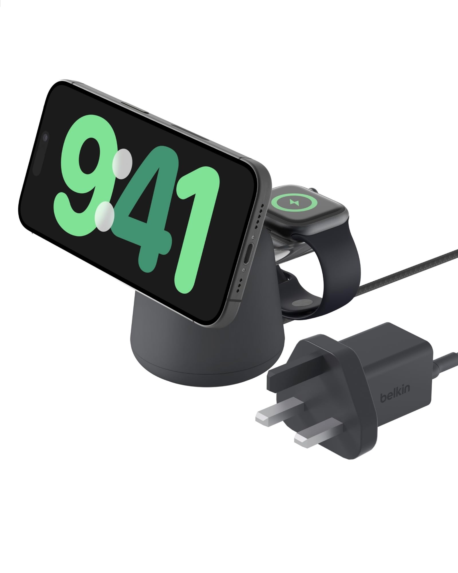 Belkin BoostCharge Pro 2-in-1 Wireless Charger with Qi2 15W, MagSafe-Compatible Charger for iPhone 17, Air, 16, 15, 14 Series, Apple Watch, AirPods & Other Qi2 Enabled Devices, PSU Included - Black