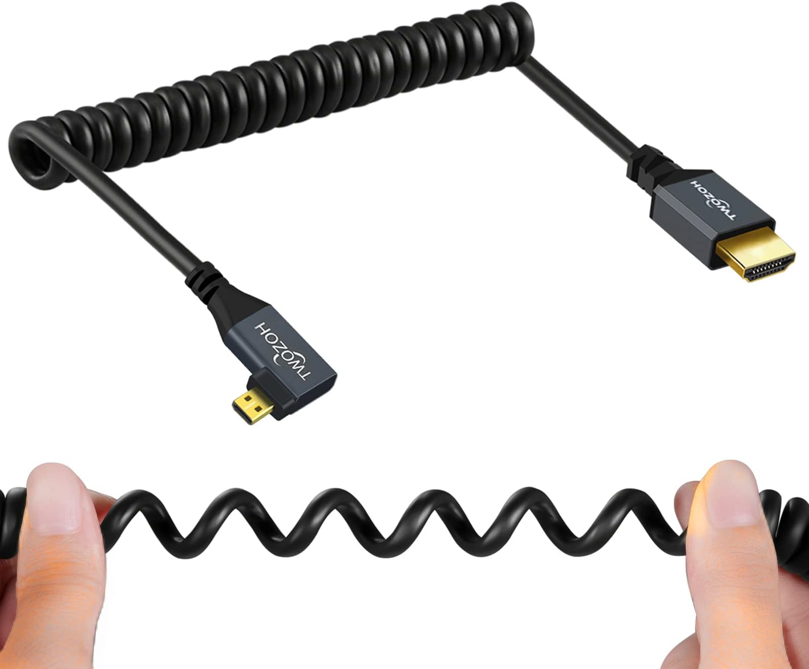 Twozoh Micro HDMI to HDMI Cable Right Angle Coiled Micro HDMI to HDMI Cable 90 Degree Stretched Length 30cm to 150cm, Support 3D/4K 1080p