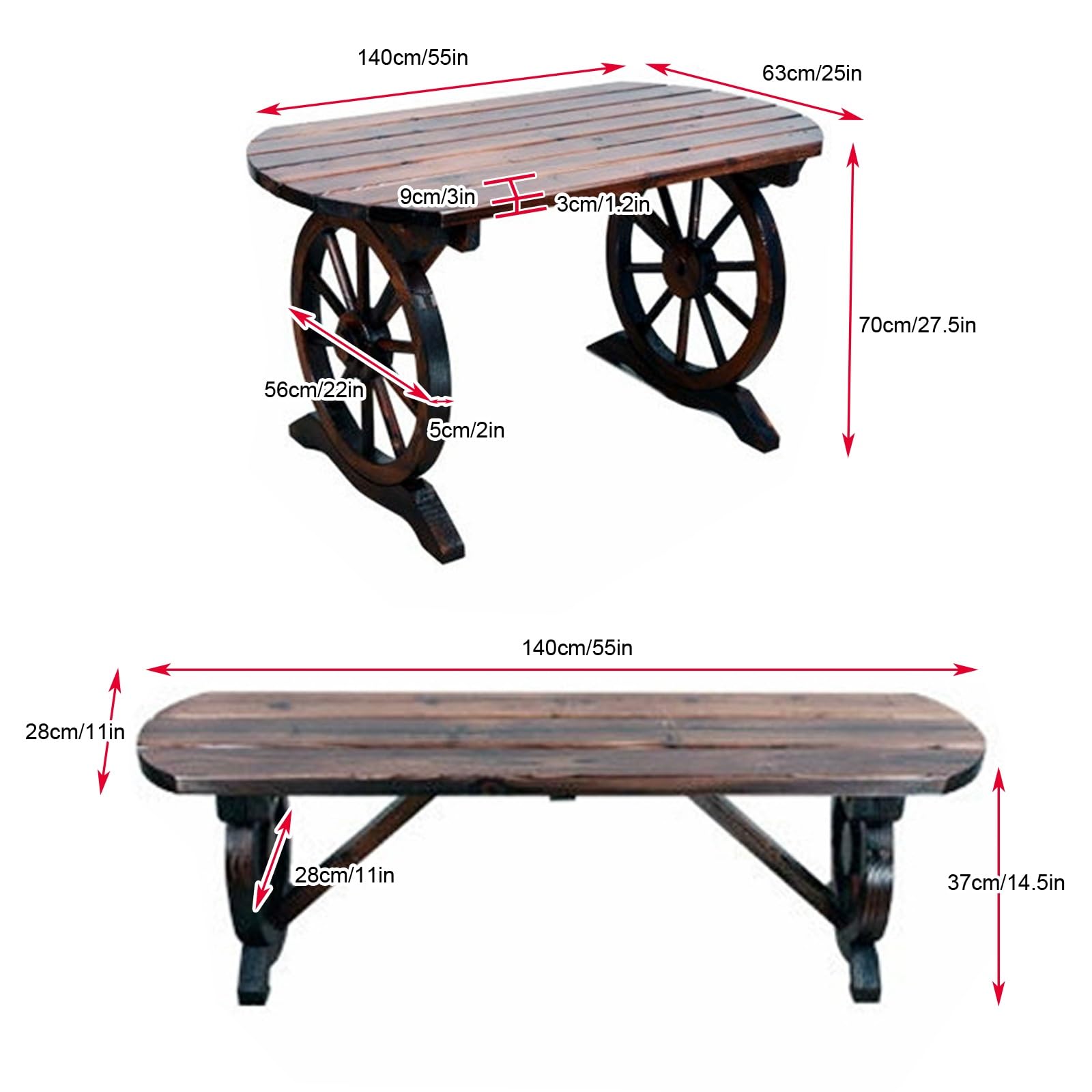 Panche da Esterno, Design Rustico a Ruota di Carro con 2 Panchine e 1 Tavolo, Panca Giardino in Legno di Pino Massello per Parco, Giardino, Cortile, Portico, Prato(140cm/55in)