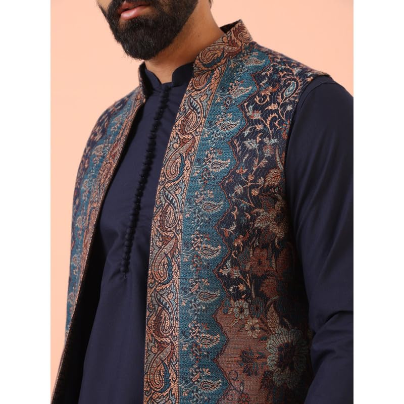 Image of KISAH Mens Kurta Jacket Trouser Set|Pashmina Fabric Jacquard Pattern Mens Ethnic Wear|Regular Fit, Navy Blue