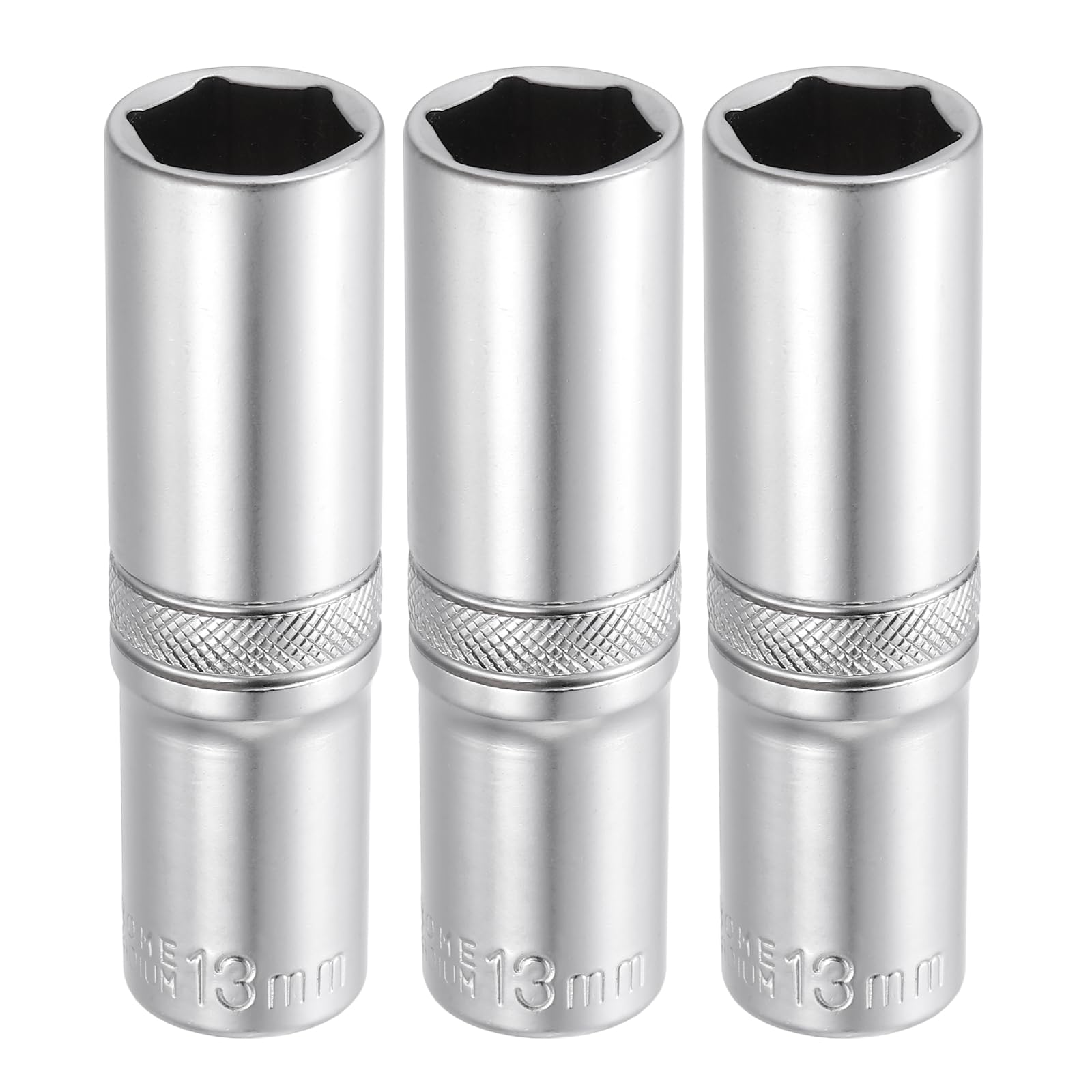 sourcing map 3pcs 6 Points Deep Socket 3/8" Drive 13mm Deep Metric CR-V Steel Polished Nickel Plating Impact Sockets 64mm / 2.5" Long Flip Sleeve Tool for Home Auto Nuts Bolts Repair