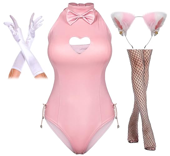 Yuriko Womens Bunny Costume Girl Suit Button Crotch Romper Onesie Bodysuit Cosplay Costume Furry Cat Ear Gloves Socks set(Pink 3XL) - 3X-Large - Pink