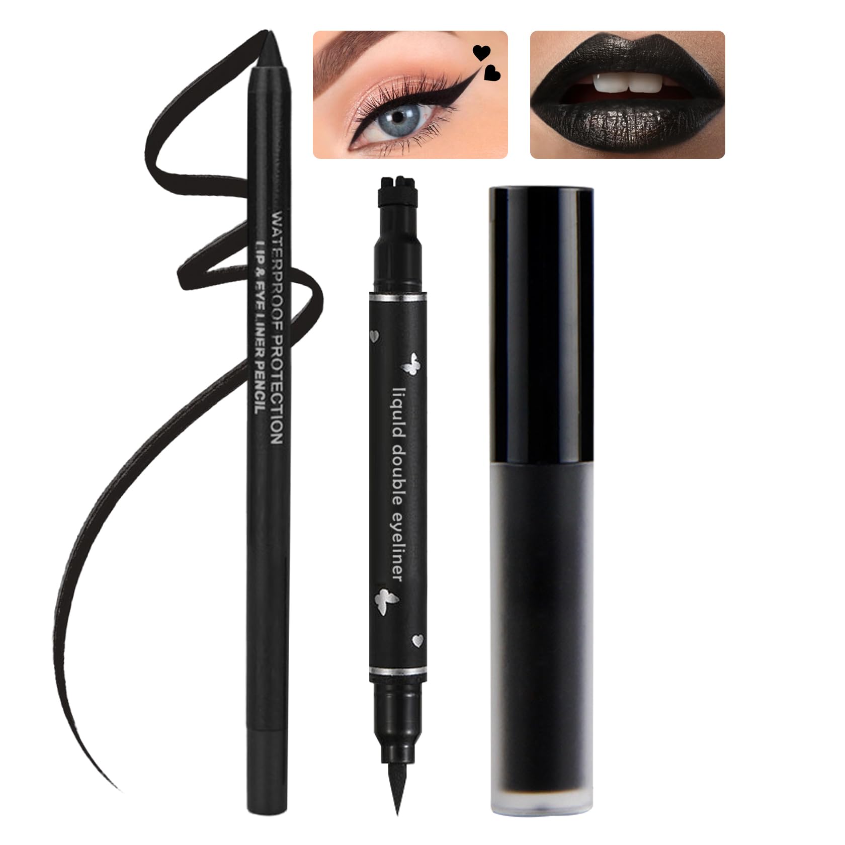 CAHIUYOA 3PCS Black Matte Lipstick Lip Liner Pencil and Black Liquid Eyeliner Stamp Set,Black Liquid Lipstick Lip Gloss Long Lasting Smudge Proof