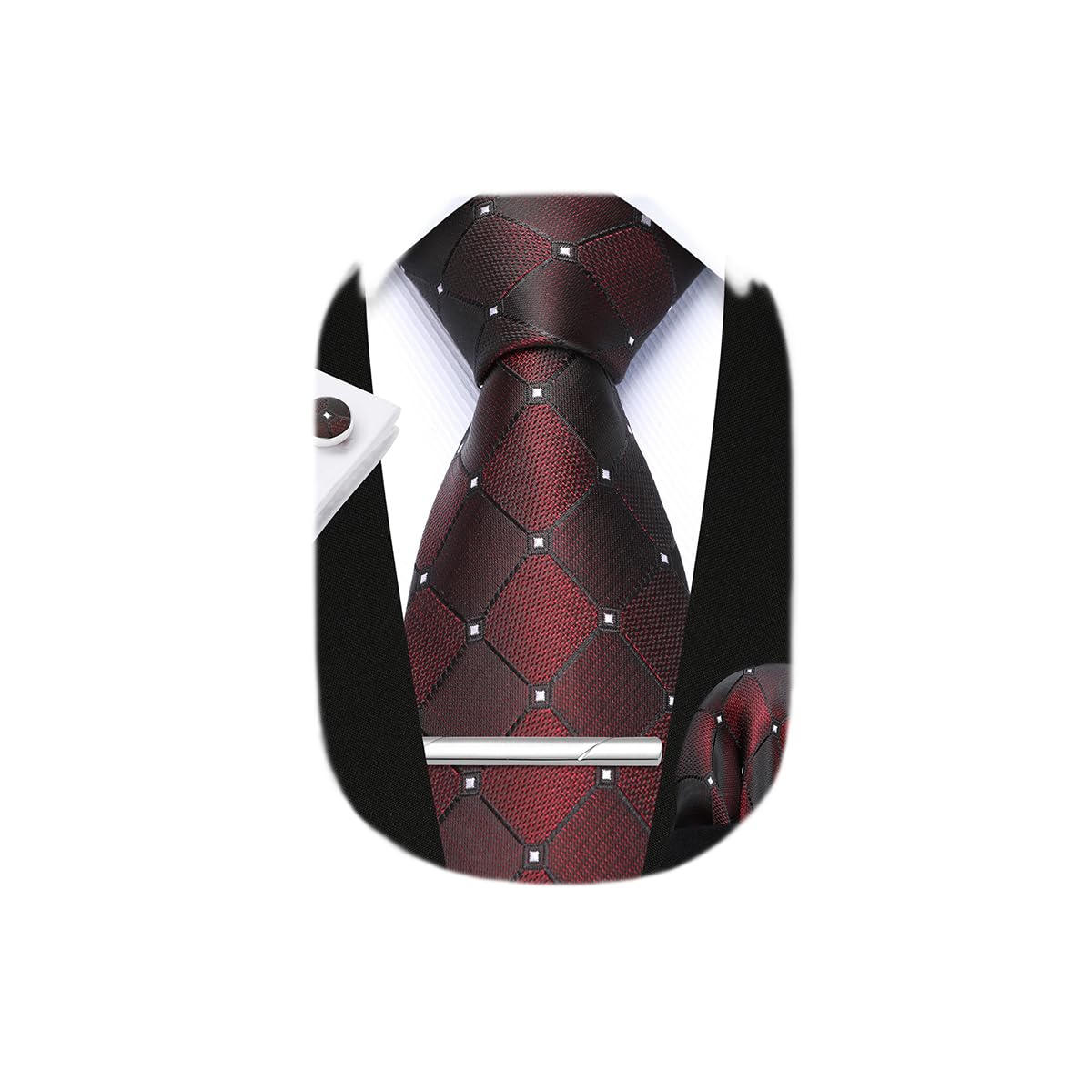 HISDERN Plaid Ties for Men Classic Checkered Tie and Pocket Square Cufflinks Tie Clip Set Woven Men's Necktie Business
