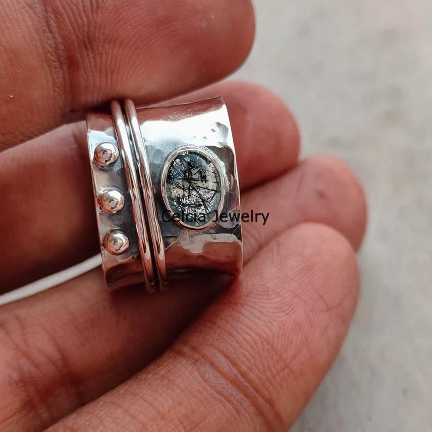 Anillo giratorio de meditación de plata de ley 925 con cuarzo rutilado negro para mujer y hombre (talla 7 de EE. UU.)