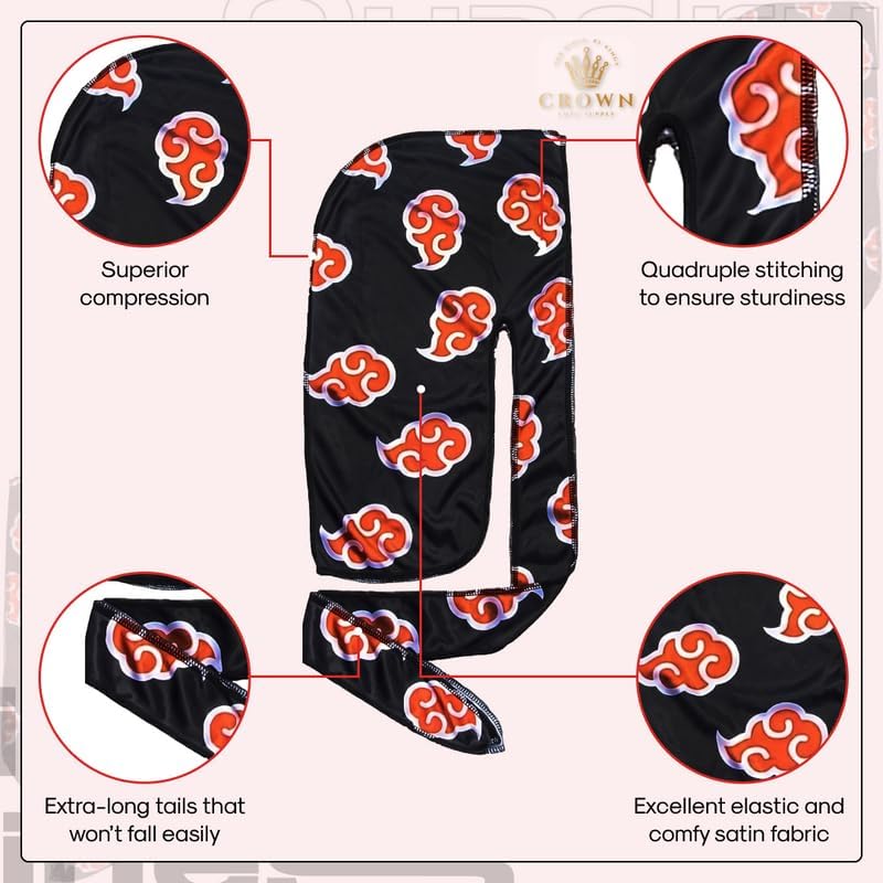 Miniatura 3 de Durag de anime sedoso de lujo con colas largas y anchas, tela satinada suave para una compresión cómoda, Rojo y Negro