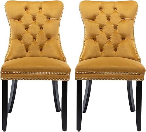 Juego de 2 sillas de comedor con respaldo de ala de terciopelo copetudo, patas de madera maciza