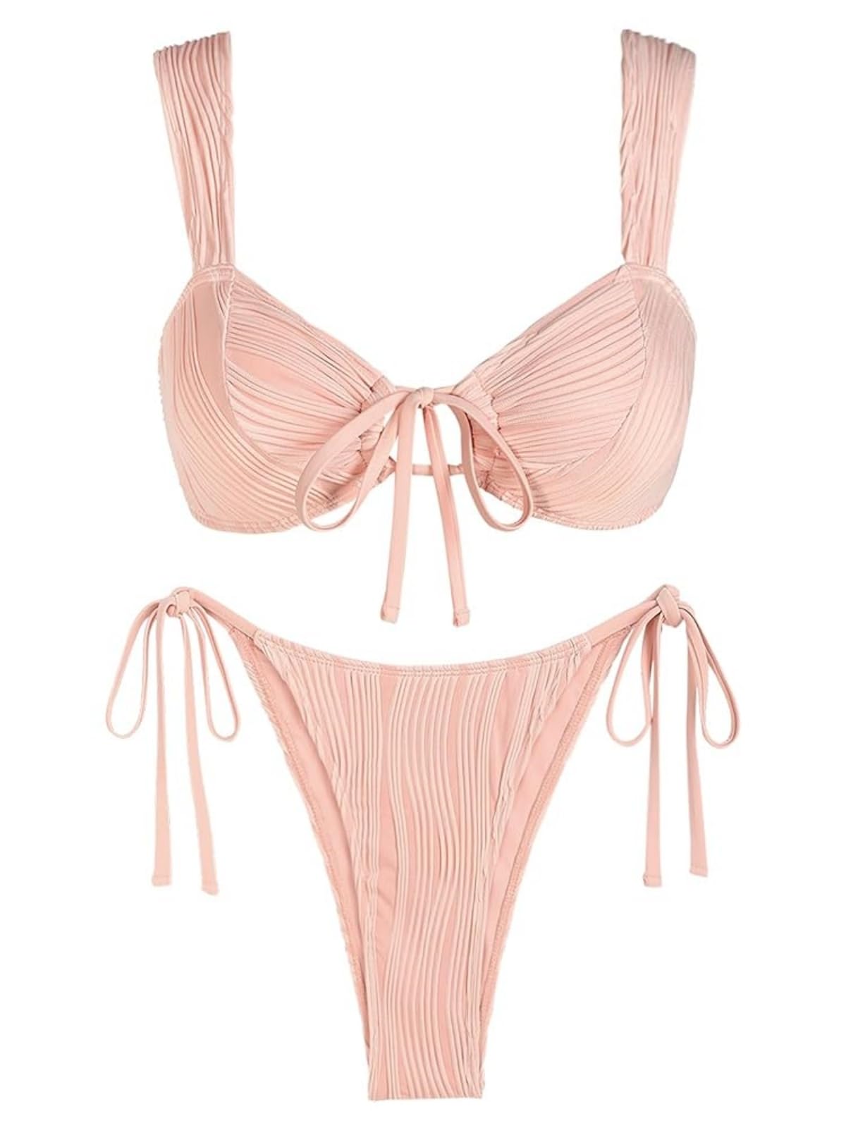 (Size S) ZAFUL Women's Cinched Bikini Solid Color Wave Textured Knotted Tied Side Two Piece Swimsuit Bathing Suits