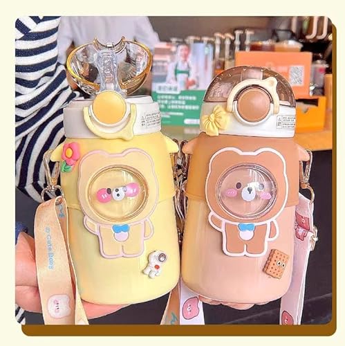 Kawaii Bear Straw Water Bottle With Shoulder Strap, Leak-Proof Stainless Steel Vacuum Bpa Free Cute Insulated Water Bottles And Kawaii Stickers For Girls School Office(Brown) #TOP5