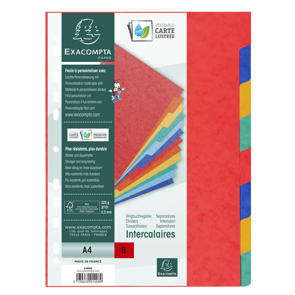 Exacompta 1408E 25er Pack Premium-Register für DIN A4 aus starkem Colorspankarton 8-teilig volle Höhe 22 x 29,7 cm vollfarbig 2 x 4 Farben mit Indexseite zum selbstgestalten Trennblätter