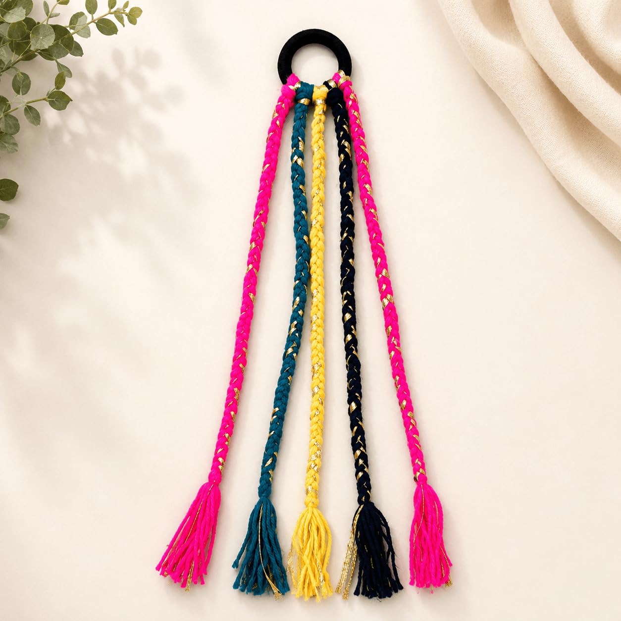 dd accessories shop pink braided tassel hair tie for women & girls | decorative beads, colorful braided design, festive & casual wear, secure hair hold, soft & lightweight