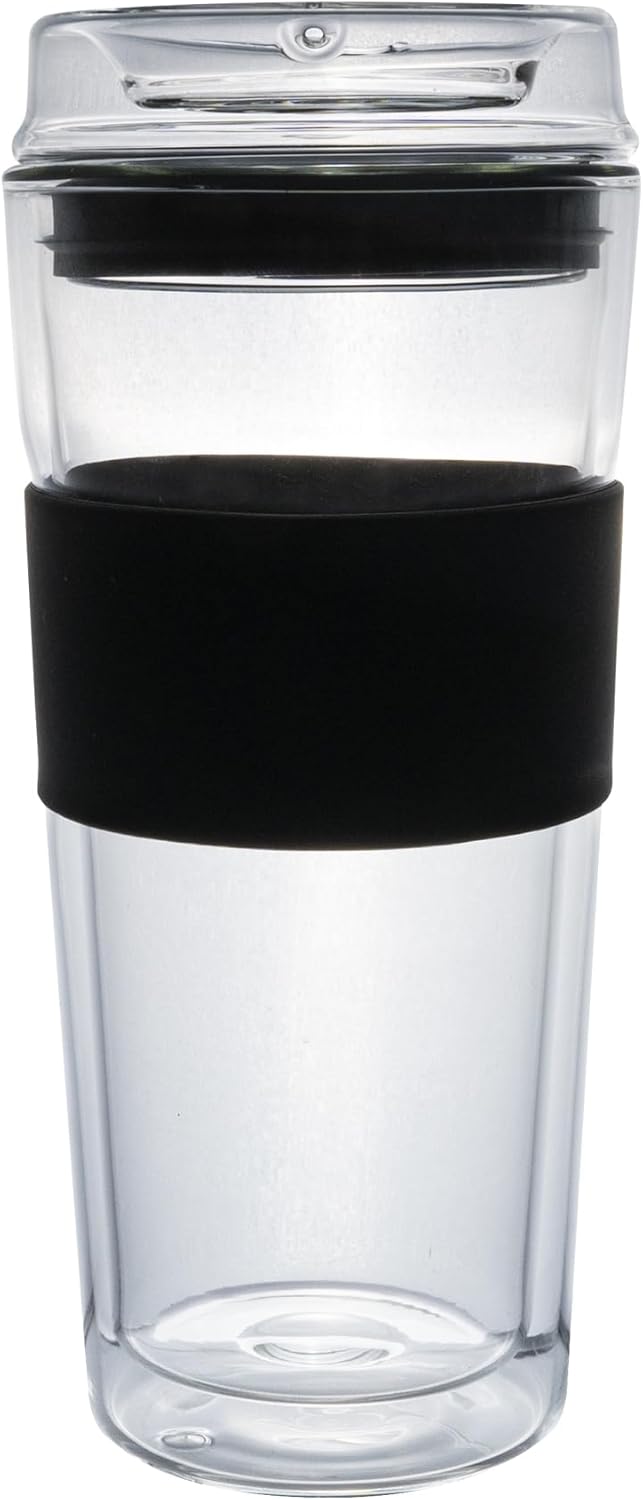Double Wall Glass Tumbler 10 ounce All Glass Reusable Insulated Tea/Coffee Mug & Lid, Hand Blown Glass Travel Mug (10 ounce) No Leaks, Silicone Grip for Easy Carry, Natural Taste