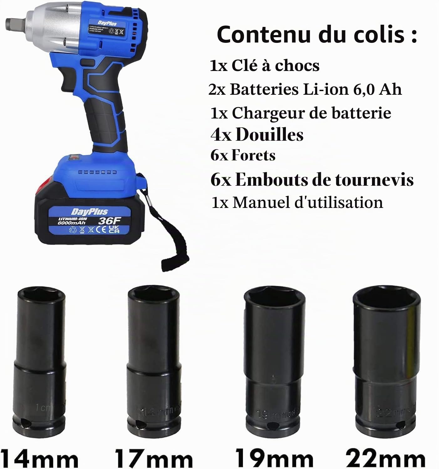 Clé à Chocs Sans Fil Brushless pour Réparation de Voiture, 420Nm Boulonneuse Electrique avec 2x Batteries 6,0Ah 21V, Pistolet à Écrou de Roue, Clé Électrique avec 4 Douilles+12 Embouts de Pilote, Bleu