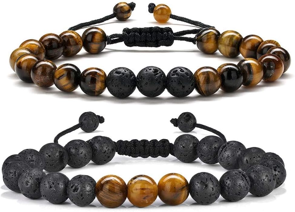 M MOOHAM Beaded Bracelets for Mens Gifts - Natural Stone 8mm Tiger Eye Matte Agate Lava Rock Bracelets for Men Teen Boys Birthday Anniversary Christmas Gifts for Men Teens Grandpa