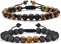 MOOHAM Men's Beaded Bracelets 8mm Natural Tiger Eye Agate Lava Rock Chakra Stones Adjustable 6-12" Gifts for Men Boys Grandpa