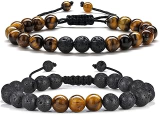 MOOHAM Men's Beaded Bracelets 8mm Natural Tiger Eye Agate Lava Rock Chakra Stones Adjustable 6-12" Gifts for Men Boys Grandpa