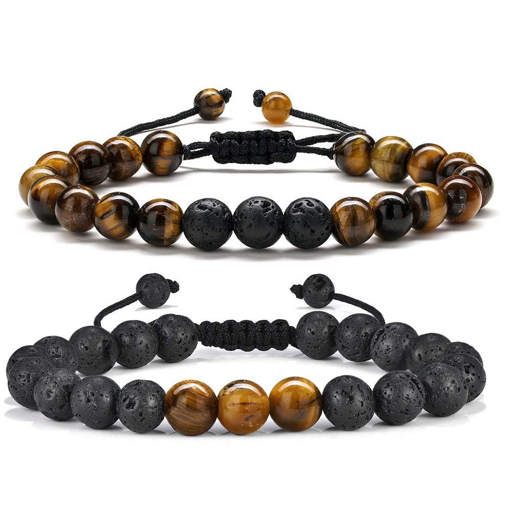 M MOOHAM Beaded Bracelets for Mens Gifts - Natural Stone 8mm Tiger Eye Matte Agate Lava Rock Bracelets