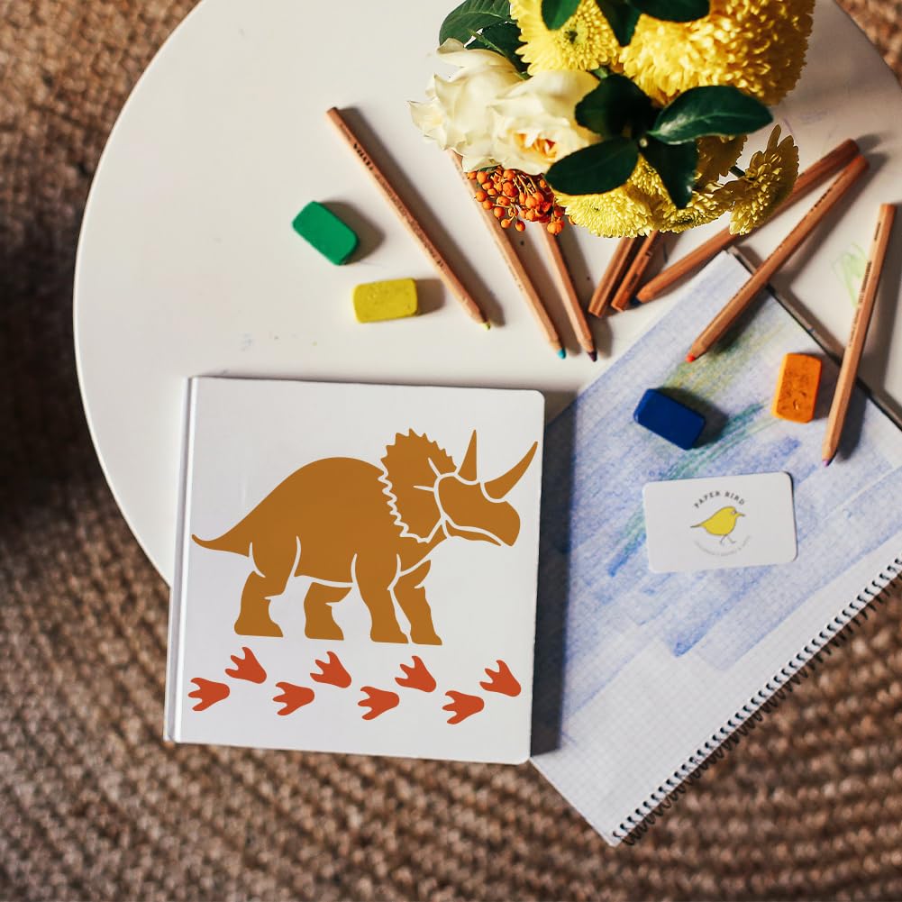 MAYJOYDIY 11 Stück Primitive Dinosaurier Schablonen Dinosaurier Fossilien Malschablone 30×30/29.7×21cm Wiederverwendbare Zeichenvorlage Mit Pinsel Für Wand Boden Holz Papier Album Scrapbook Dekoration