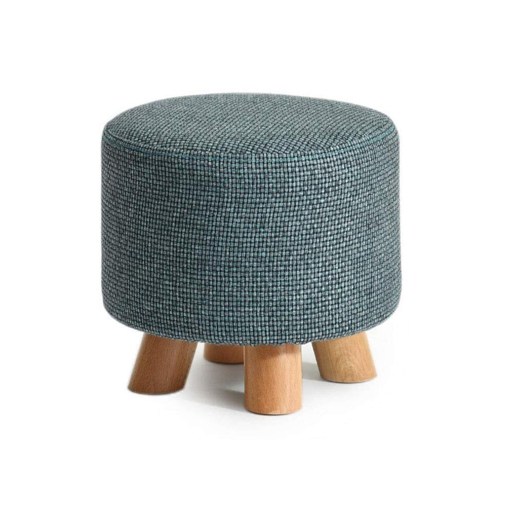 Repose-pieds ottoman rond tissu lin 4 pieds bois courts salon