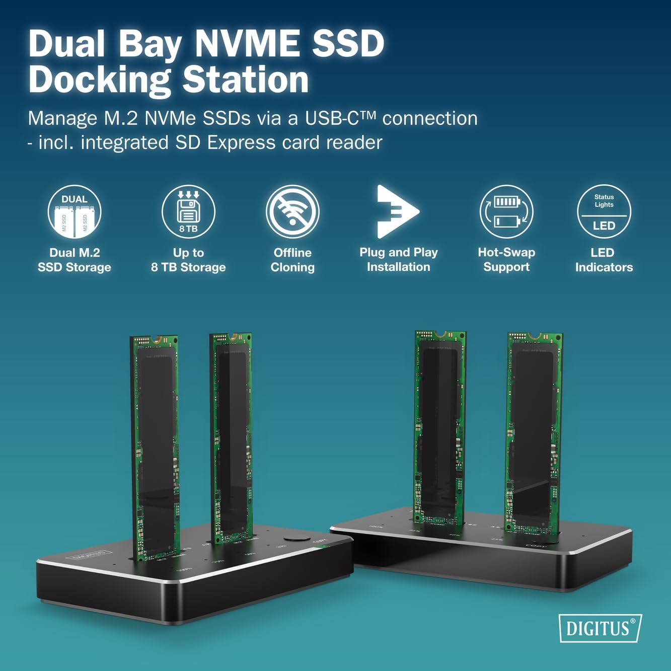 DIGITUS Dual M.2 NVMe SSD Clone Station - USB 3.1 Gen2 Type-C - M.2 module type 22110, 2280, 2260, 2242 - M/B+M key - Offline clone function - 10 Gbit/s - Black
