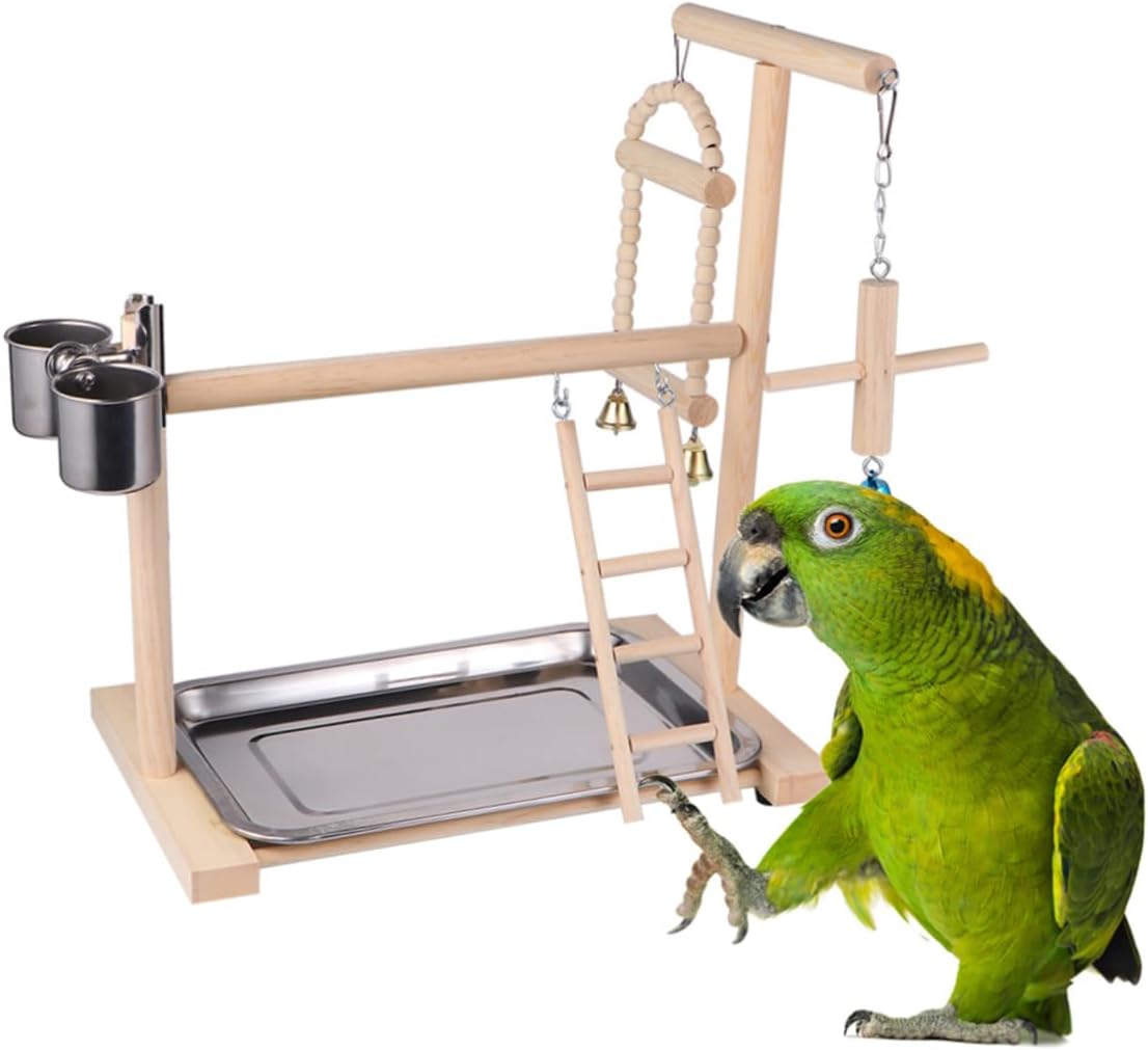 Wooden Parrot Stand with Hanging Swing Parrot Hanging Bird Playstand for Parakeets and Small Birds Cage Accessory Random Color