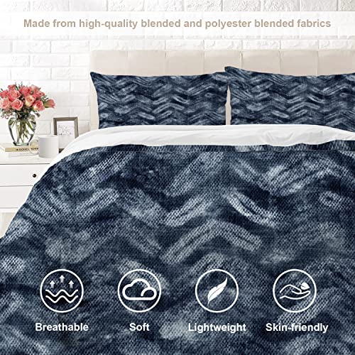 Baonews Ink Blue Abstract Herringbone Duvet Cover Set King Size,3 Pieces Art Wave Pattern Bedding Set Hotel Quality Comforter Cover Set With 2 Pillowcases(No Filler) #TOP2