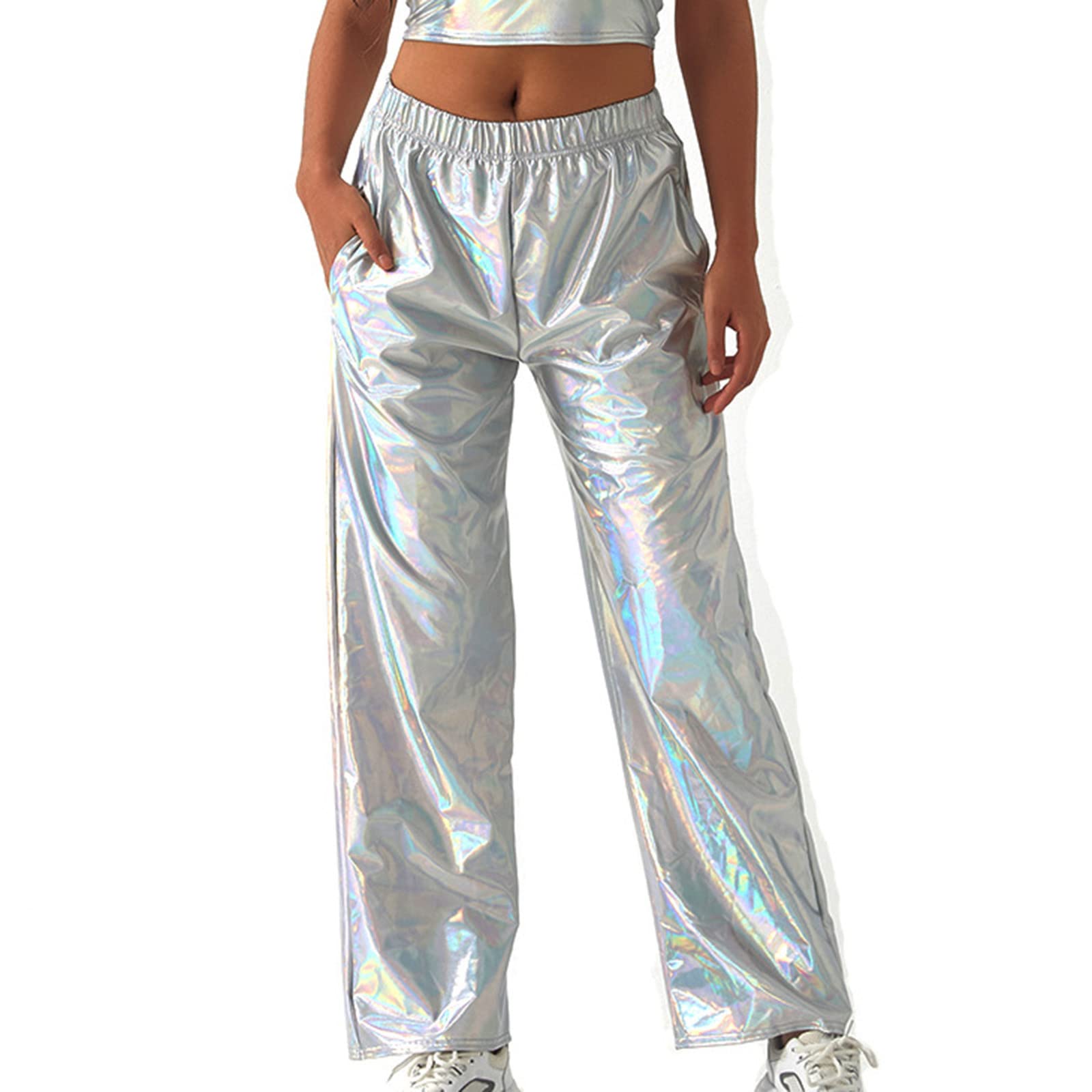 XUNRYAN Womens Shiny Metallic High Waist Stretchy Jogger Pants Hip Hop Clubwear Trousers Sweatpant 80s Disco Concert Outfit