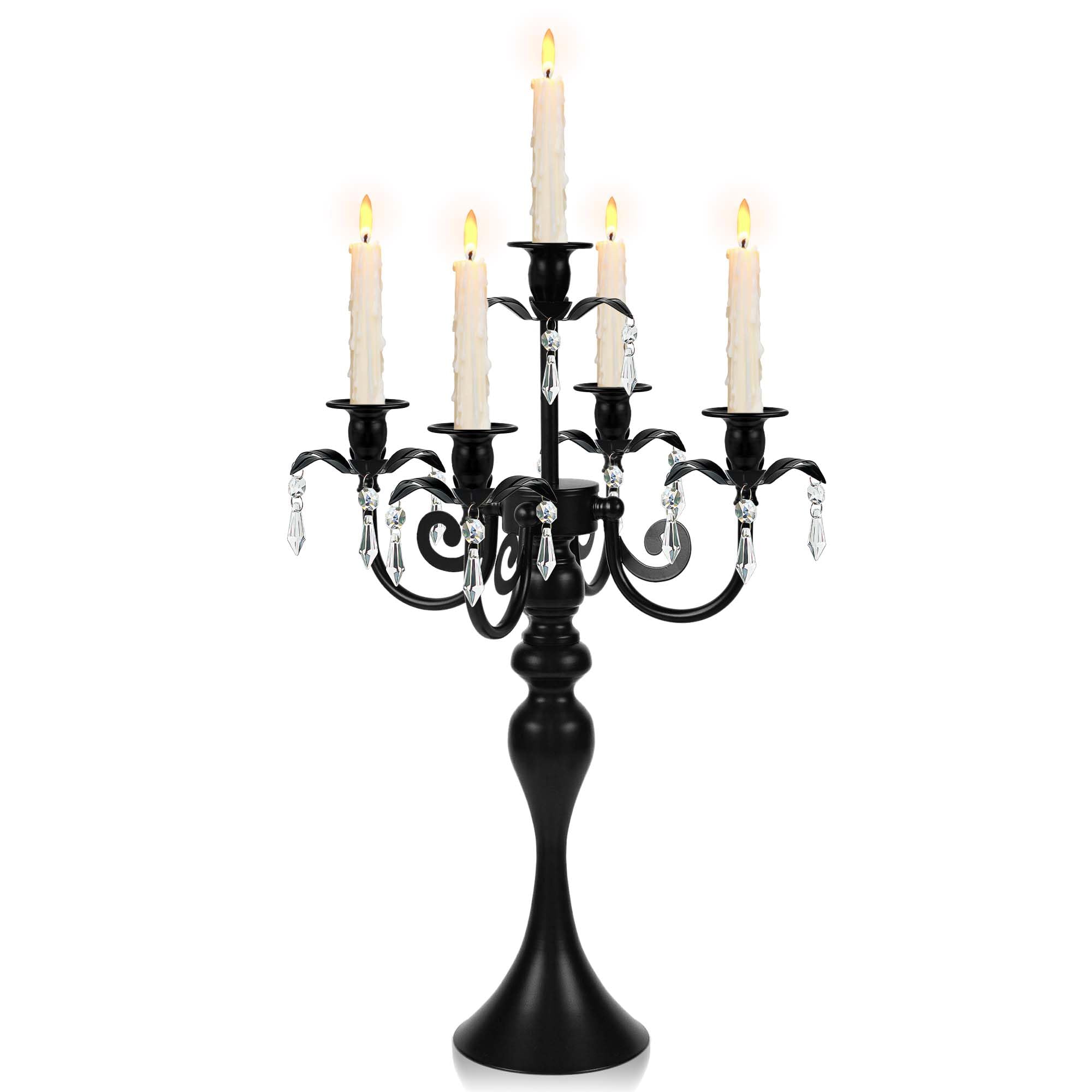 20''Tall Black Crystal Pendant Taper Candle Holders/Stylish Candle Stands/Candlesticks Holder/Candelabra for Home Decor, Weddings/Parties/Elegant Dining Table Centerpiece (1, Black, 5 Arm)