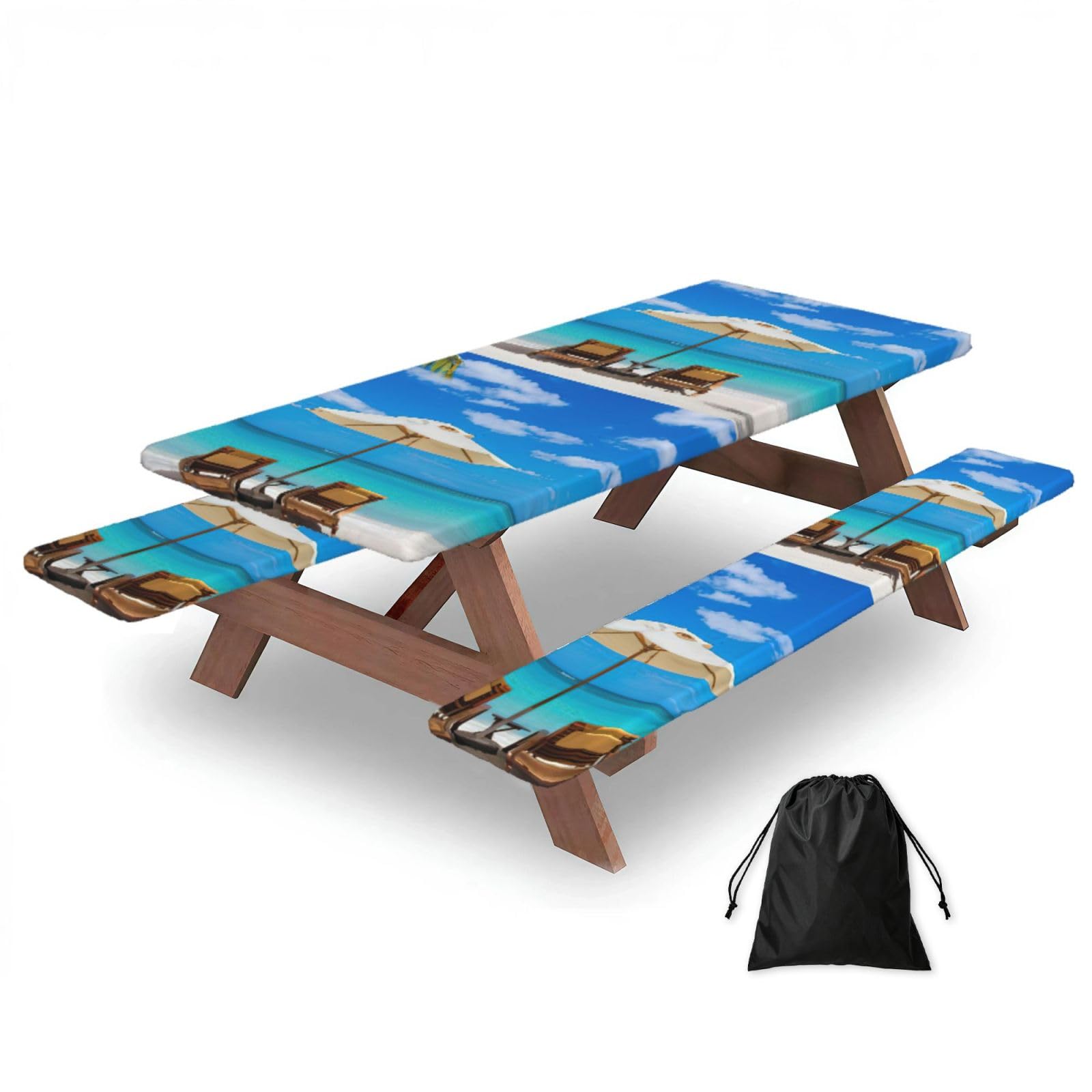 Yqxwjl Black White Beach Tropical Sea Print Camping Essentials Waterproof Camping Table And Bench Cover With Drawstring Bag 183 Cm
