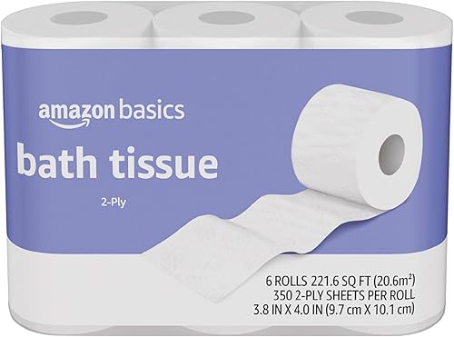 Tienda Basics Papel higiénico de 2 capas, 6 rollos (1 paquete de 6), equivalente a 25 rollos regulares