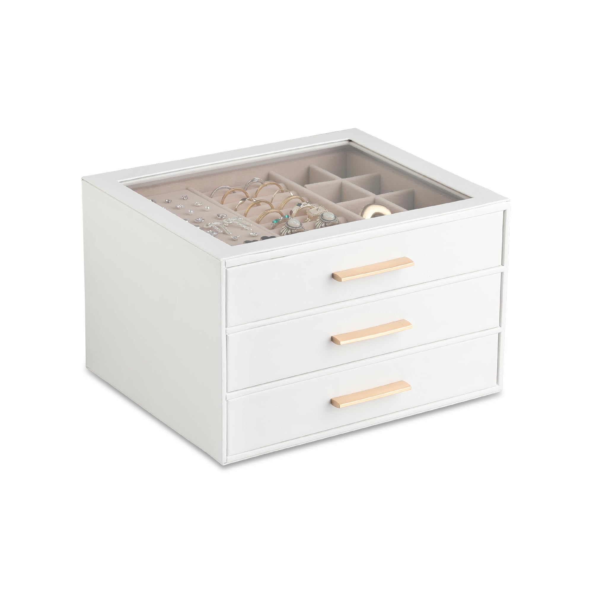 Frebeauty Jewelry Box with Clear Lid,Jewelry Organizer with 3 Drawer,PU Jewelry Organizers and Storage,Jewelry Boxes for Women,Earring Holder Organizer,Jewelry Storage(White)