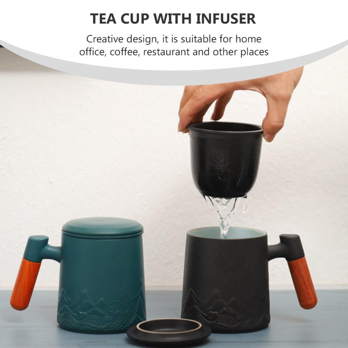Mug en Céramique 400 Ml avec Anse en Bois et Couvercle, Tasse à Thé avec Infuseur Intégré, Mug à Café Lait pour Bureau et Maison, pour Infusion et Boissons Chaudes