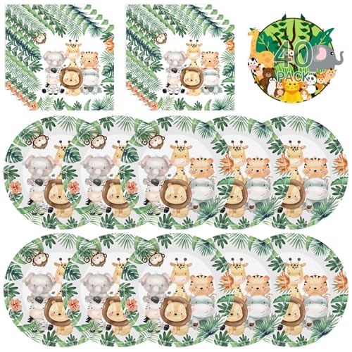 40 Pcs Jungle Animals Party Decorations - Safari Animal Plates and Napkins Wild Animals Paper Plates Napkins Disposable Tableware Set for Baby Shower Zoo Birthday Party Supplies Favors Serves 20