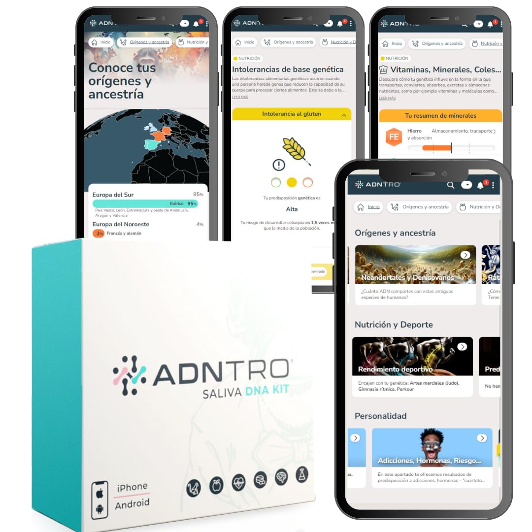 ADNTRO Test ADN Online Test Genético Incluye: Orígenes y Ancestros + Nutricional + Intolerancias | Ampliable: Deporte, Longevidad, Curiosidades, Salud, Rasgos Personalidad (Entry)