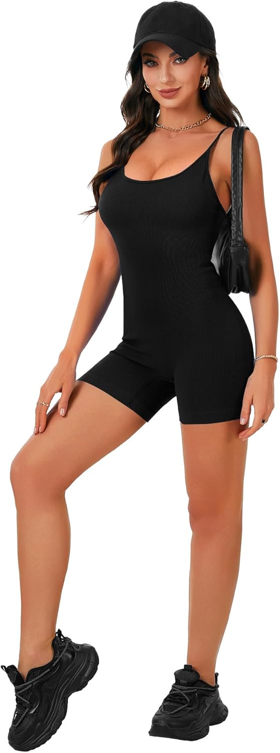 LYANER Women's Workout Spaghetti Strap Bodycon Yoga Jumpsuits Shorts Rompers - Image 6