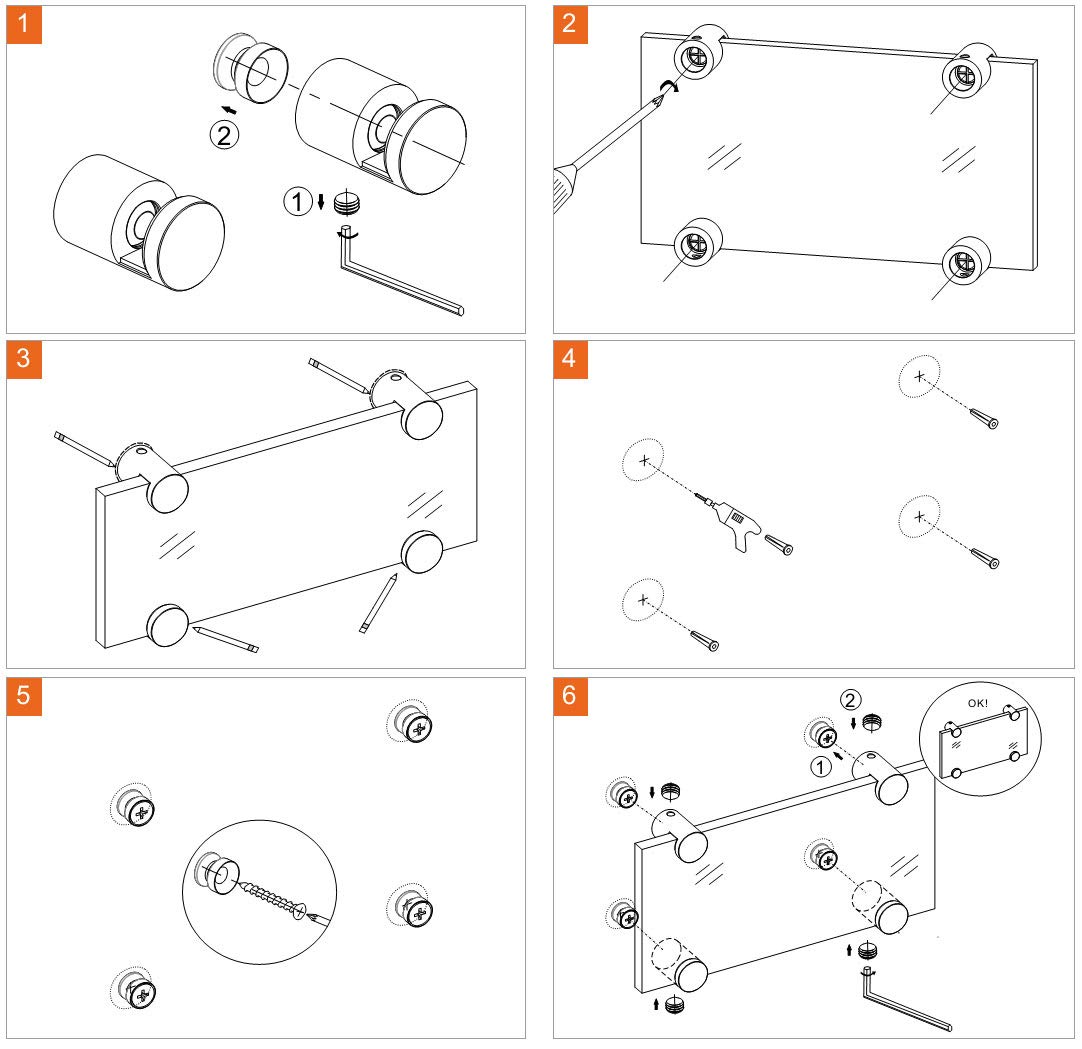 DISTANZIATORI FERMAVETRO IN ACCIAIO INOX AISI 304 SATINATO SET 4 PZ - PER VETRI DA 6 A 8 MM