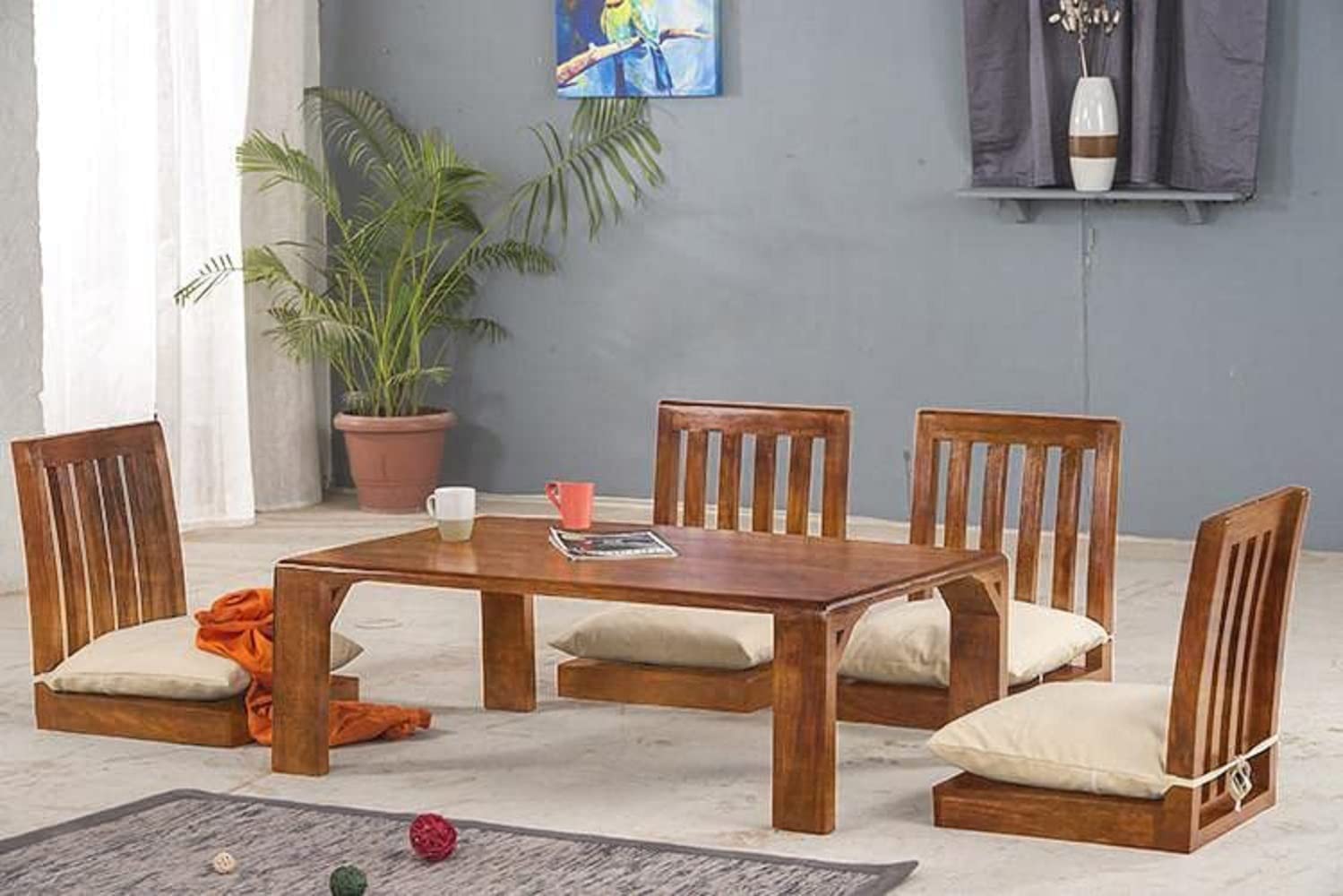 GHROYAL Sheesham Wood Japanese 4 Seater Dining Table Wooden Low Height Dinner Table for Living Room Home and Restaurant (Honey Finish)-image-45