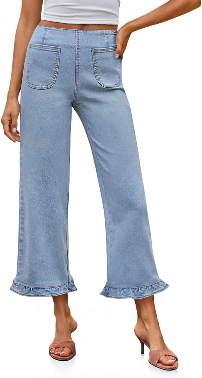 Cicy Bell Womens Cropped High Waisted Jeans Baggy Wide Leg Stretchy Capris Ruffle Flare Denim Pants with Pockets