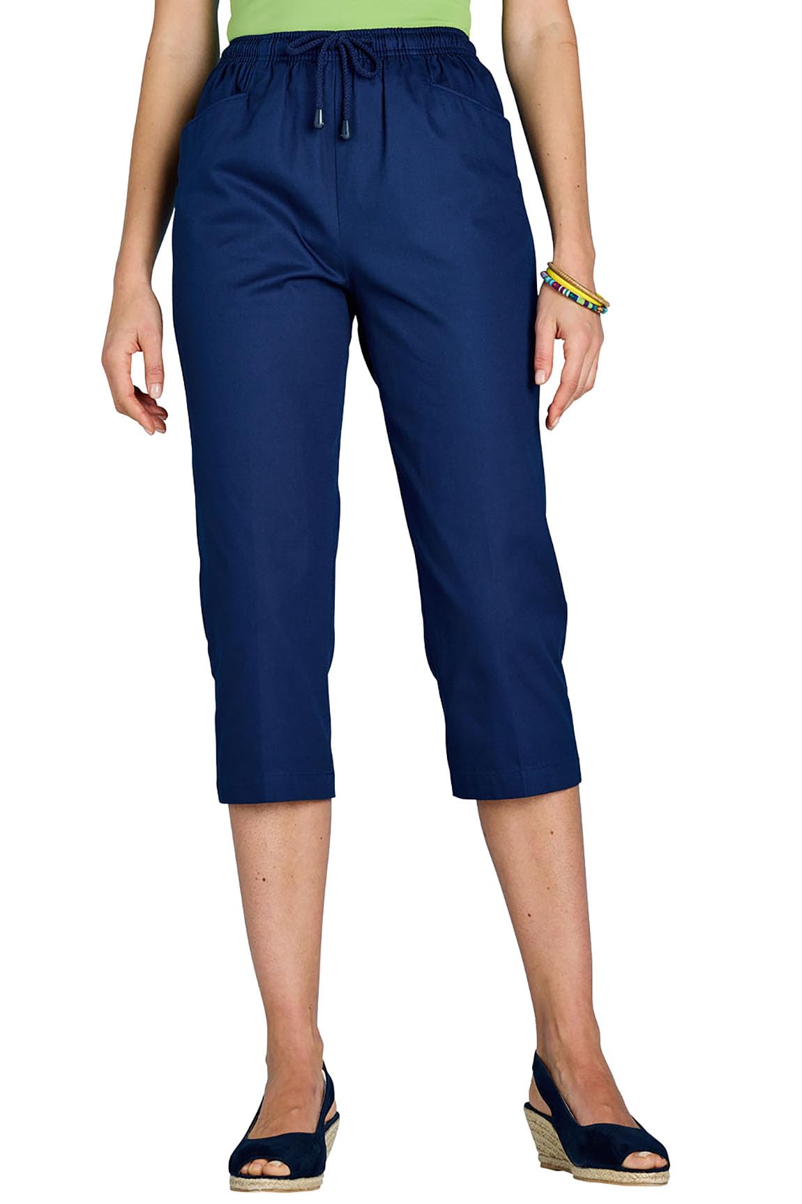 Chums Ladies Cotton Crop Trousers, Lightweight Cropped Summer Trousers with Elasticated Drawcord Waist, Breathable Cool Fit Navy 14