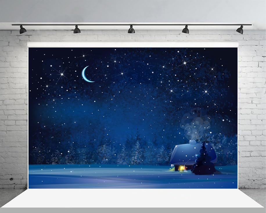 Ckihgenn 8x6ft Winter Night Snowflake Photography Backdrops Blue Starry Sky Moon Snowfall Blurry Fir Trees Pine Forest Wooden House Background