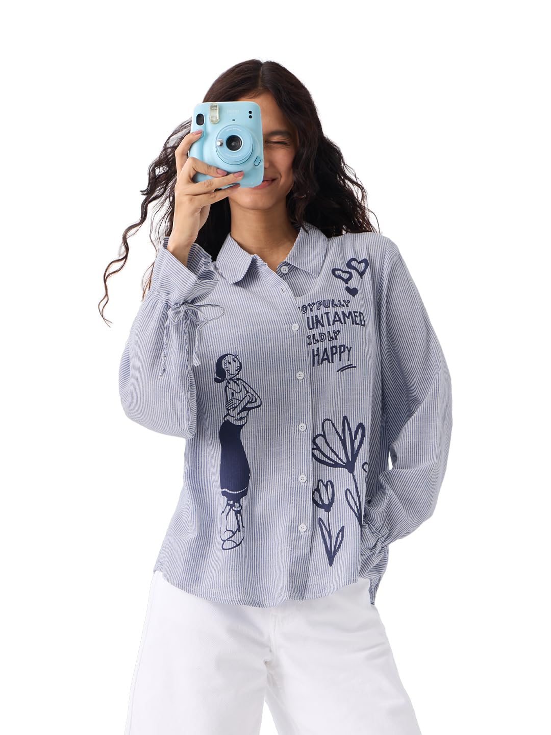 The Souled Store Popeye Collection: Happy Olive Women and Girls Full Sleeves Collared Neck Button Front Blue Printed Cotton Viscose Blend Oversized Fit Boyfriend Shirts in blue