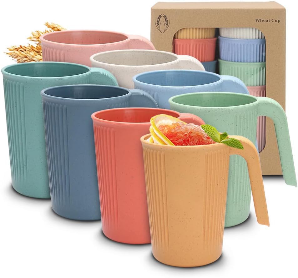 8 Pack 350 ml Unbreakable Plastic Drinking Cups with Handle – 8 Colour Reusable Tumblers for Coffee, Juice Stackable, Microwave & Dishwasher Safe for, Kids, Party, Picnic, Camping (Hot & Cold Drinks)