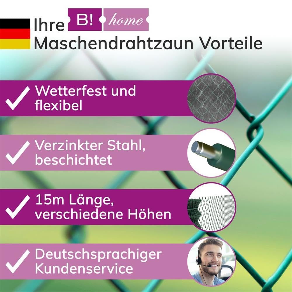 Maschendrahtzaun grün/Gartenzaun mit Viereckgeflecht, 100 cm Höhe, 15 m Länge/idealer stabiler Zaun für Grundstück, Garten und Tiergehege